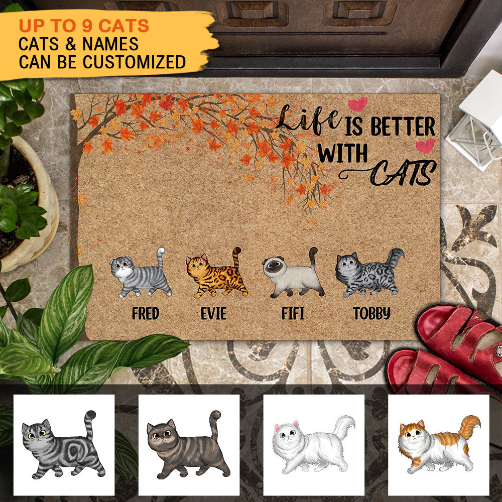 Life Is Better With Cats Falling Leaves - Personalized Cat Doormat - Jonxifon