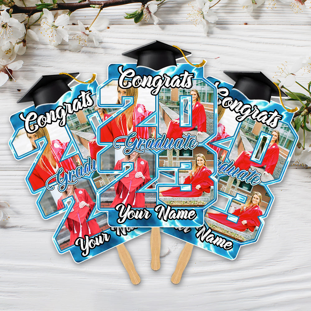 Custom Proud Family Of A Graduate 2023 Photo Graduation Face Fans With Wooden Handle, Gift For Graduation Party