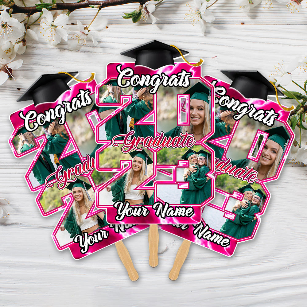 Custom Proud Family Of A Graduate 2023 Photo Graduation Face Fans With Wooden Handle, Gift For Graduation Party