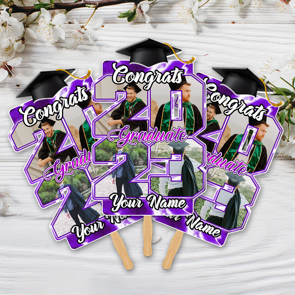 Custom Proud Family Of A Graduate 2023 Photo Graduation Face Fans With Wooden Handle, Gift For Graduation Party