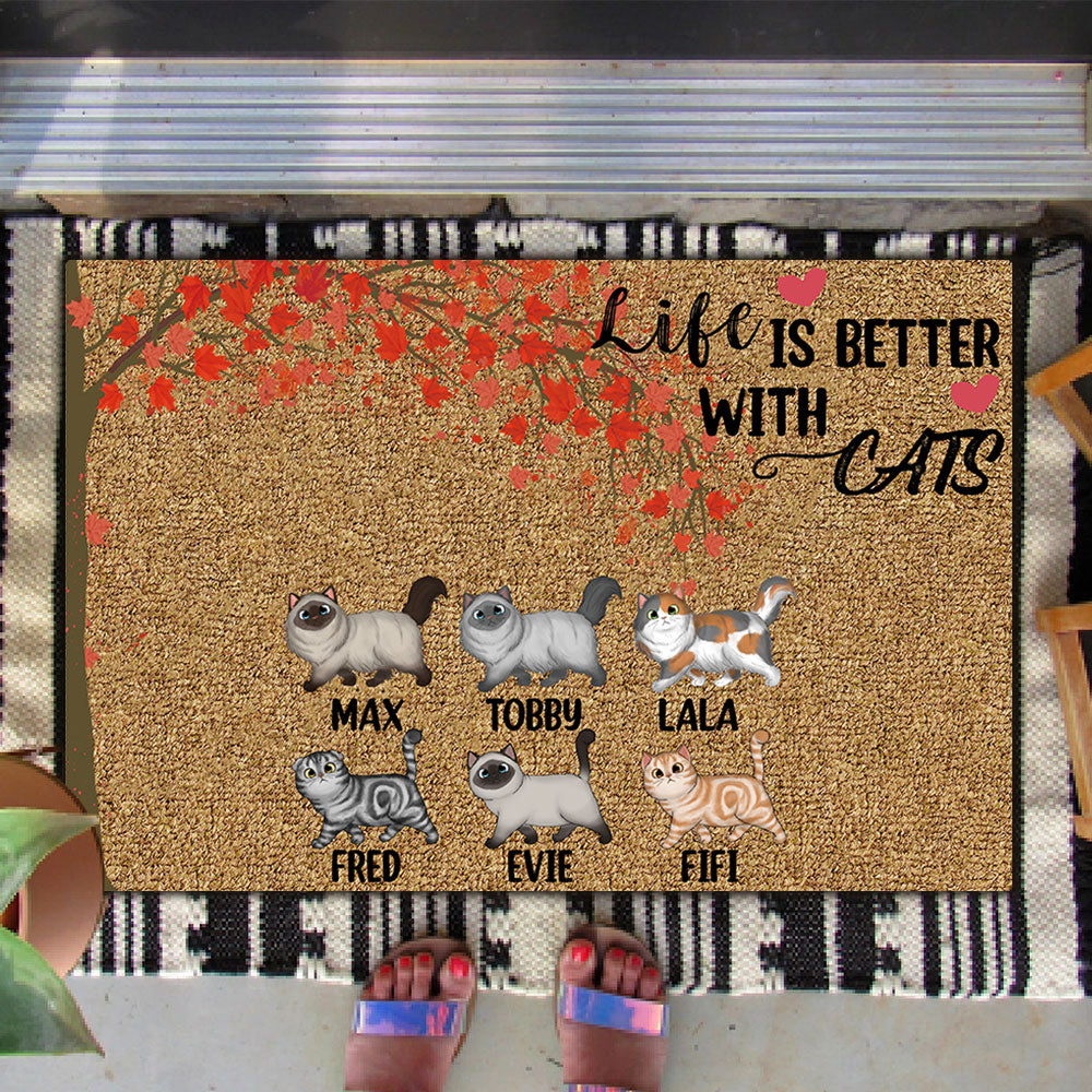 Life Is Better With Cats Falling Leaves - Personalized Cat Doormat - Jonxifon