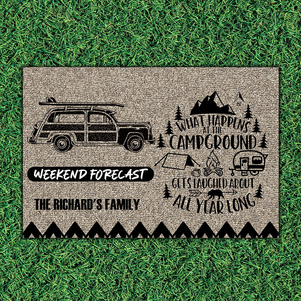 Weekend Forecast, What Happens At The Campground - Camping Doormat - Jonxifon