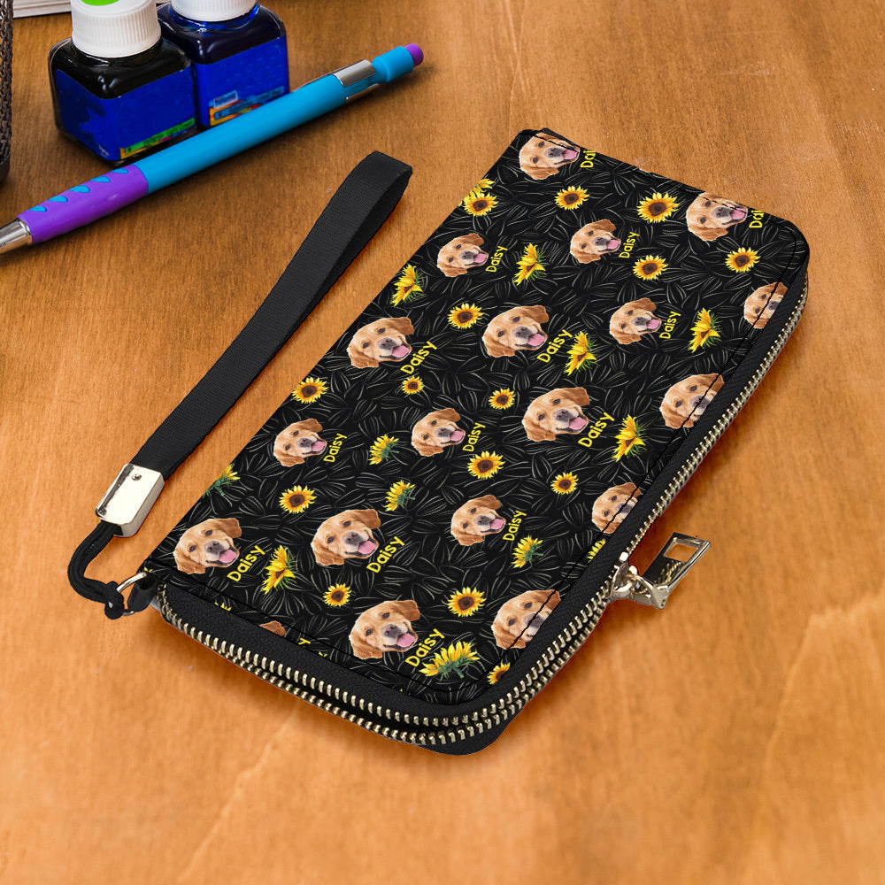 Personalized Sunflower Upload Face Dog Cat Long Wallet, Gift For Pet Lovers