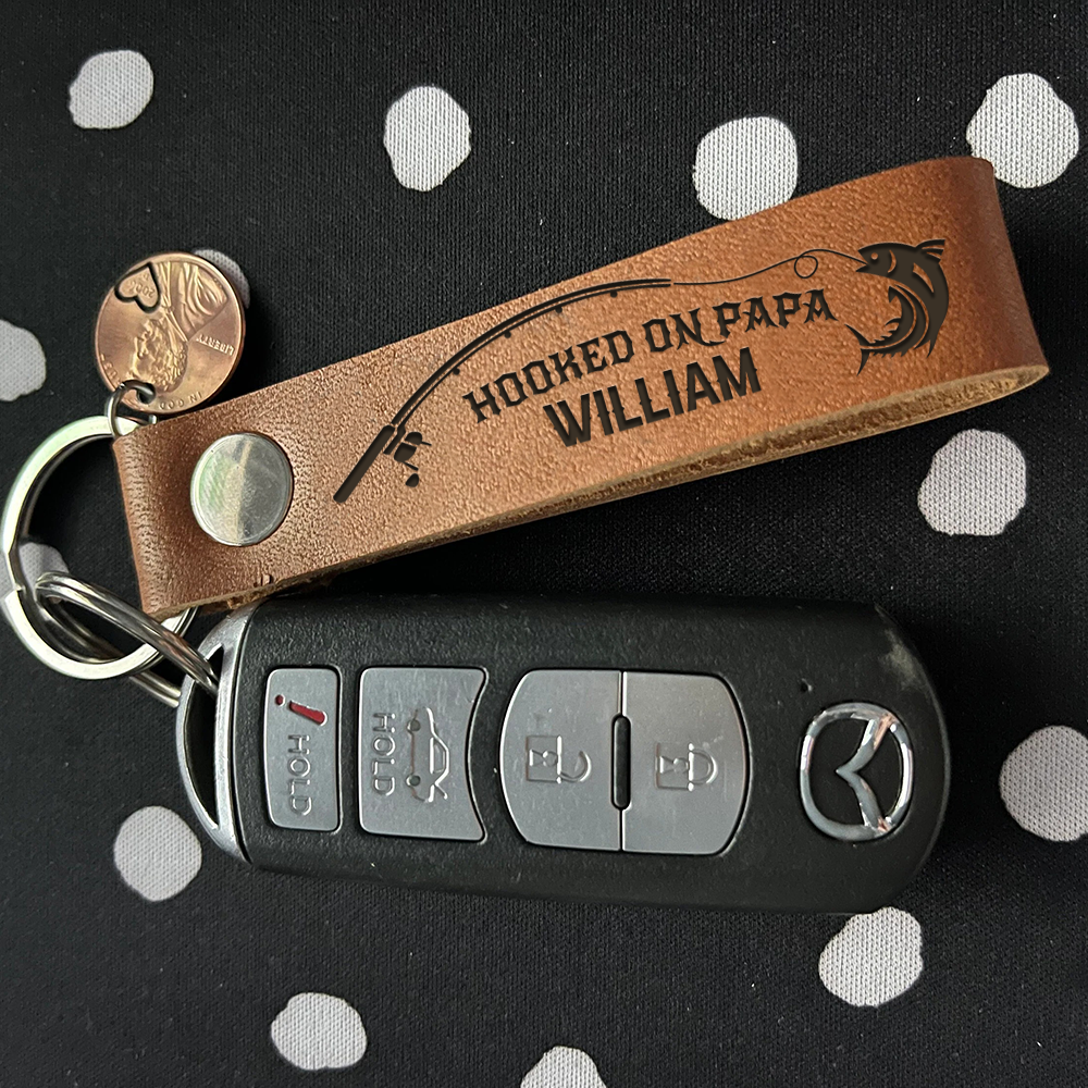 Personalized Reel Cool Dad Grandpa Fishing Leather Keychain, Gift For Fishing Lovers AZ