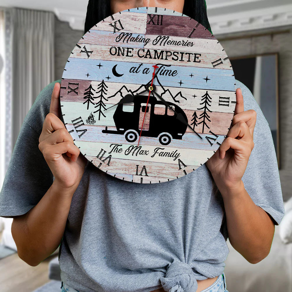 Custom Making Memories One Campsite Camping Wall Wooden Clock, Gift For Camper