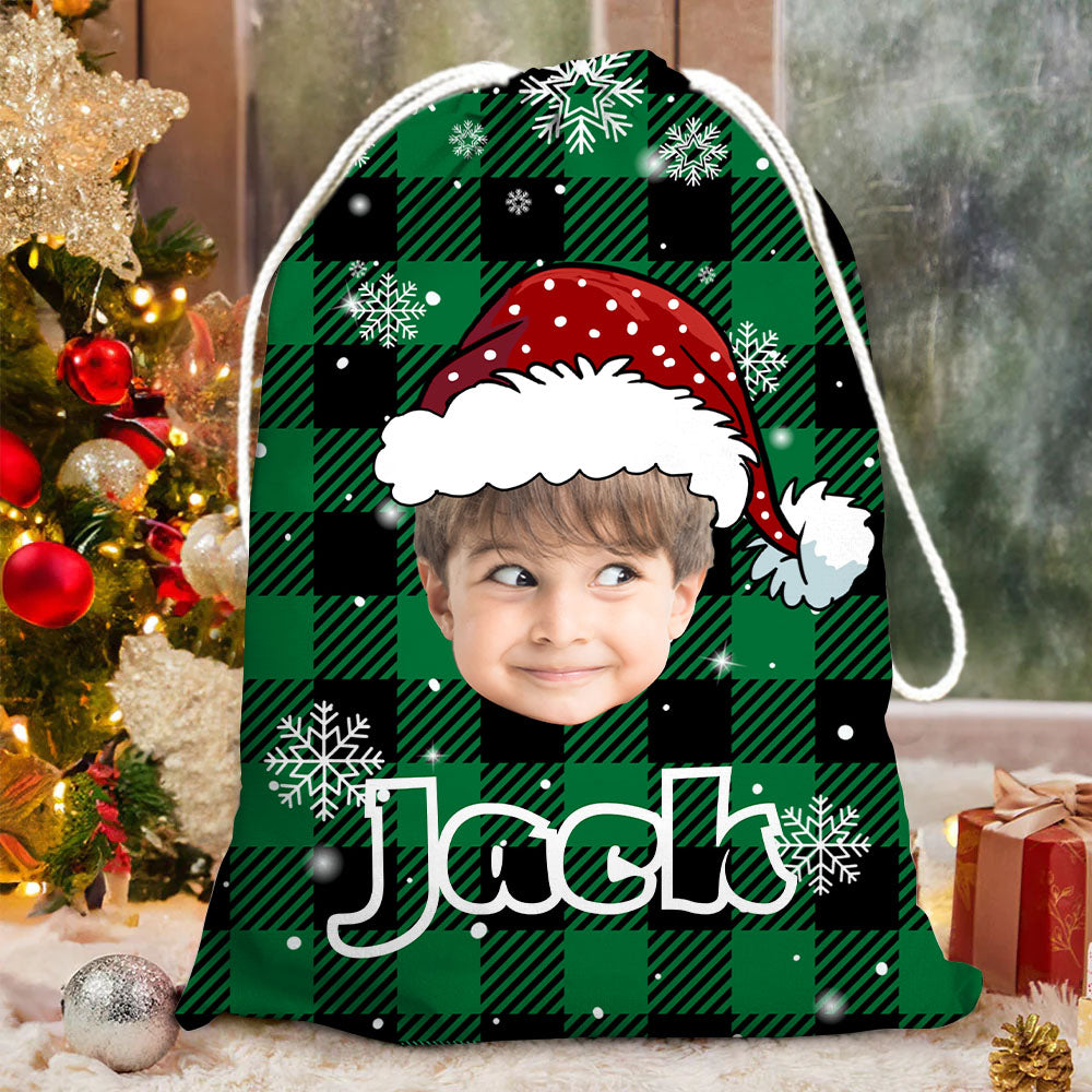 Personalized Santa Sack - Christmas Gift For Family - Plaid Pattern Face Photo