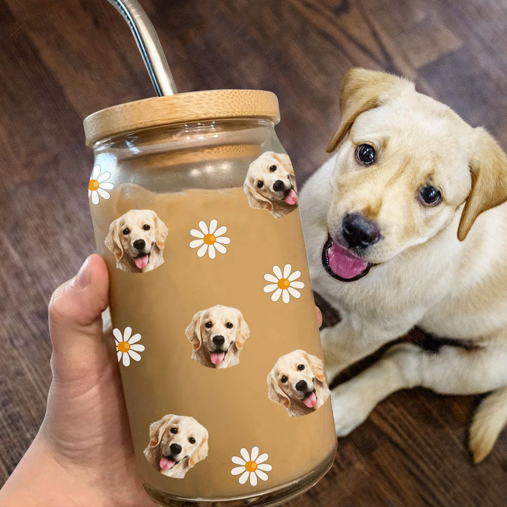 Custom Pet Face Glass Cup with Lid Straw, Dog Lover Gift