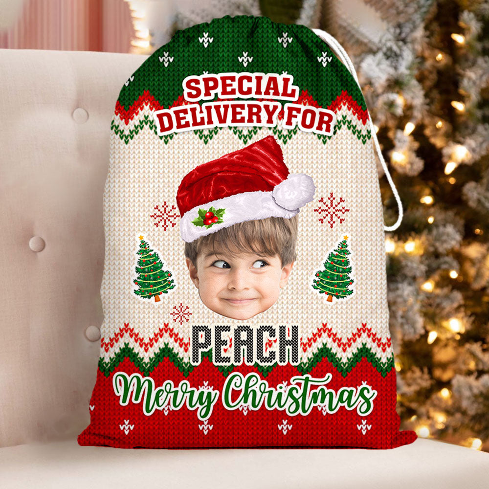 Personalized Santa Sack - Christmas Gift For Family - Ugly Sweater Pattern Face Photo