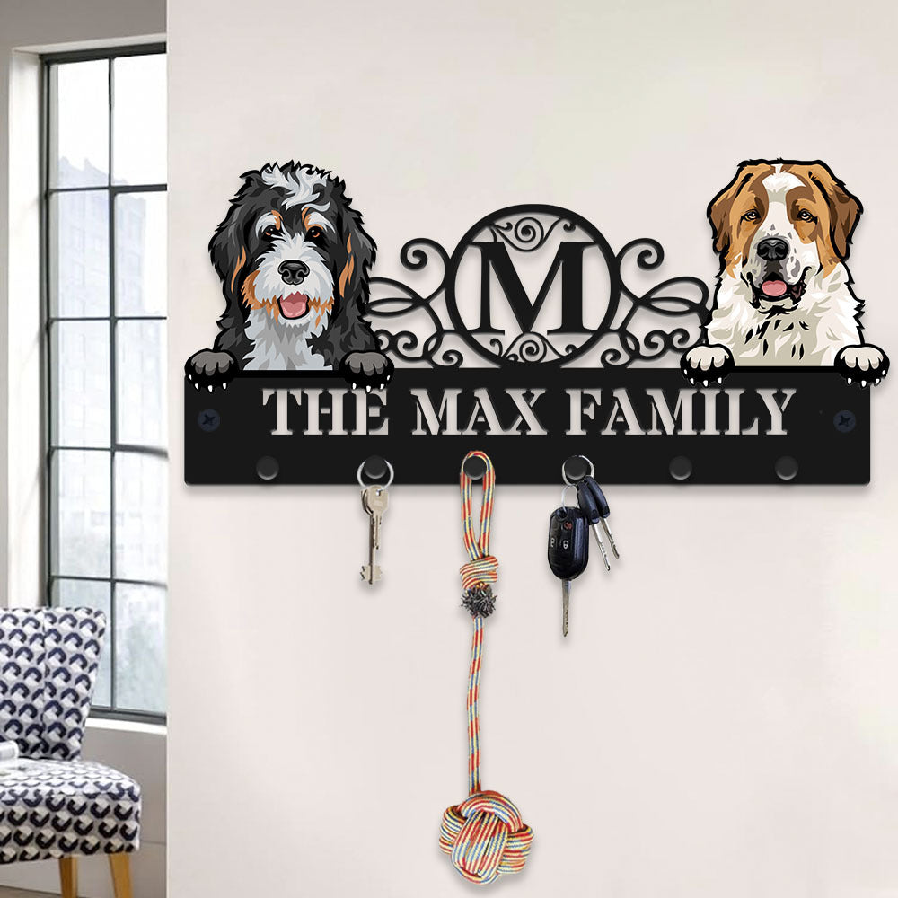 Personalized Metal Key Hanger For Wall - Gift For Pet Lovers - Cartoon Dog Cat Monogram Family Name