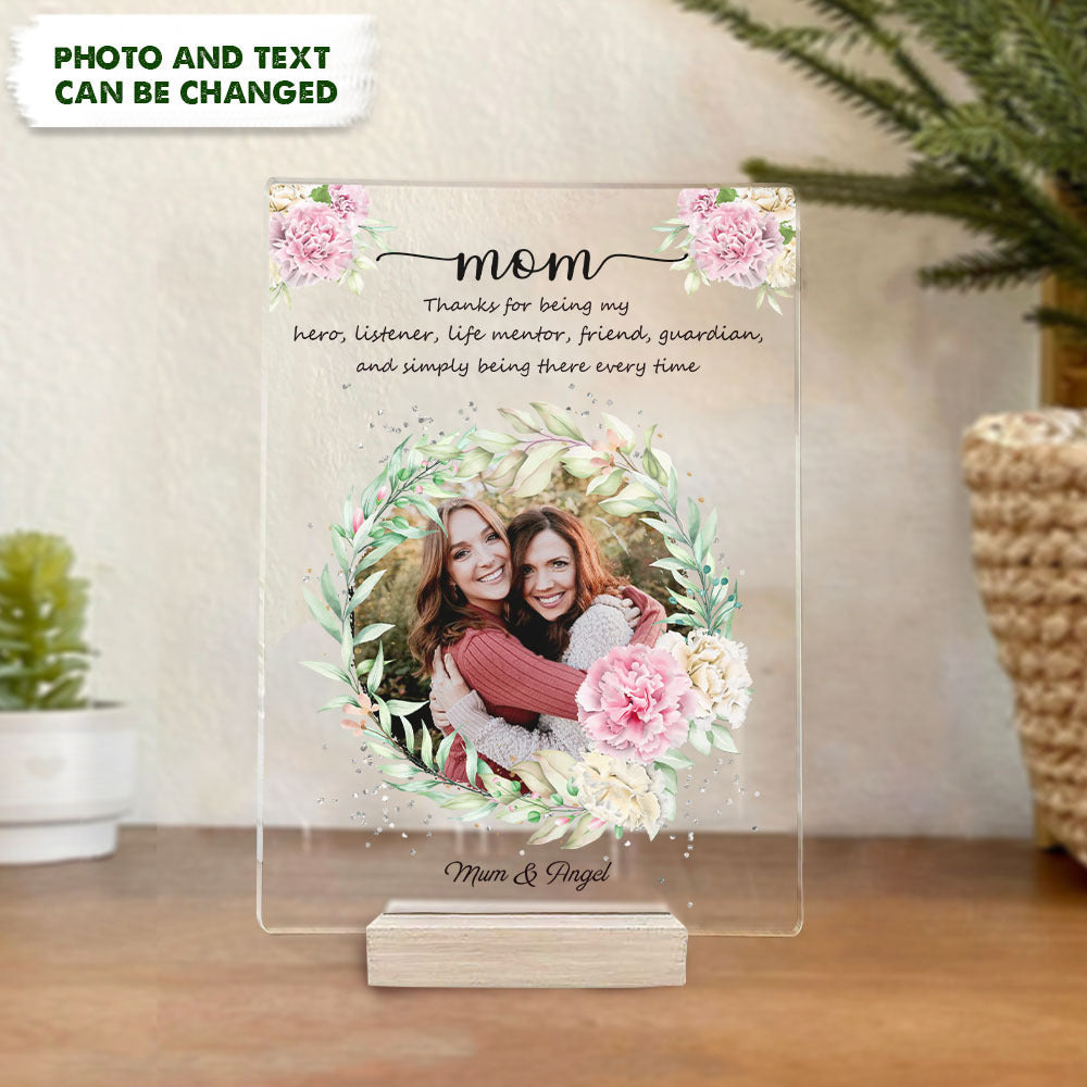 Mom Thanks For Being My Hero Acrylic Plaque With Wood Stand