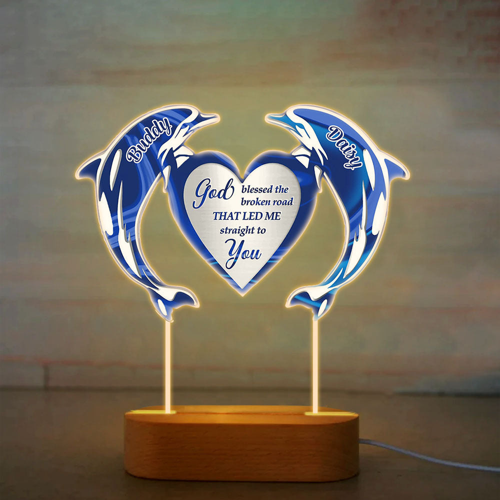 Personalized God Bless My Road To You Dolphin Lamp With Wooden Oval Stand, Love Gift For Couple YHN-YEN