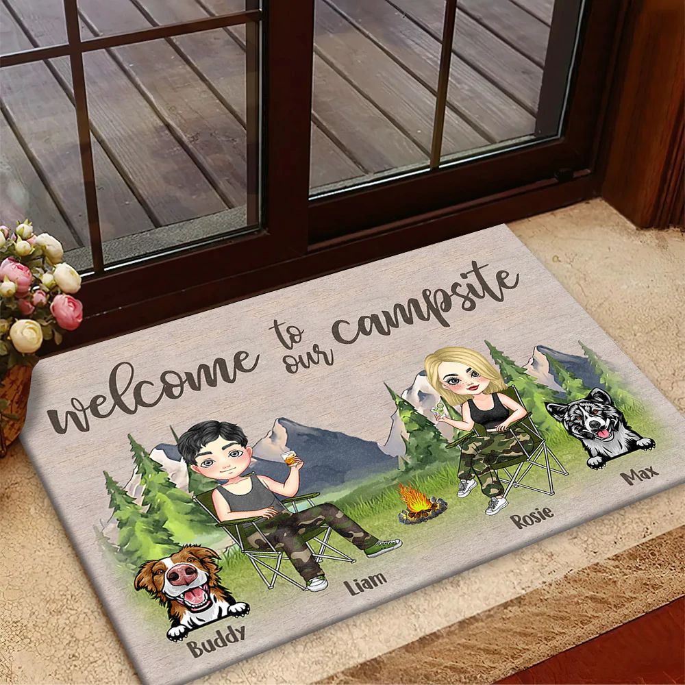 Personalized Happy Campers Husband Wife And Dogs House Doormat, Gift For Camping Couple