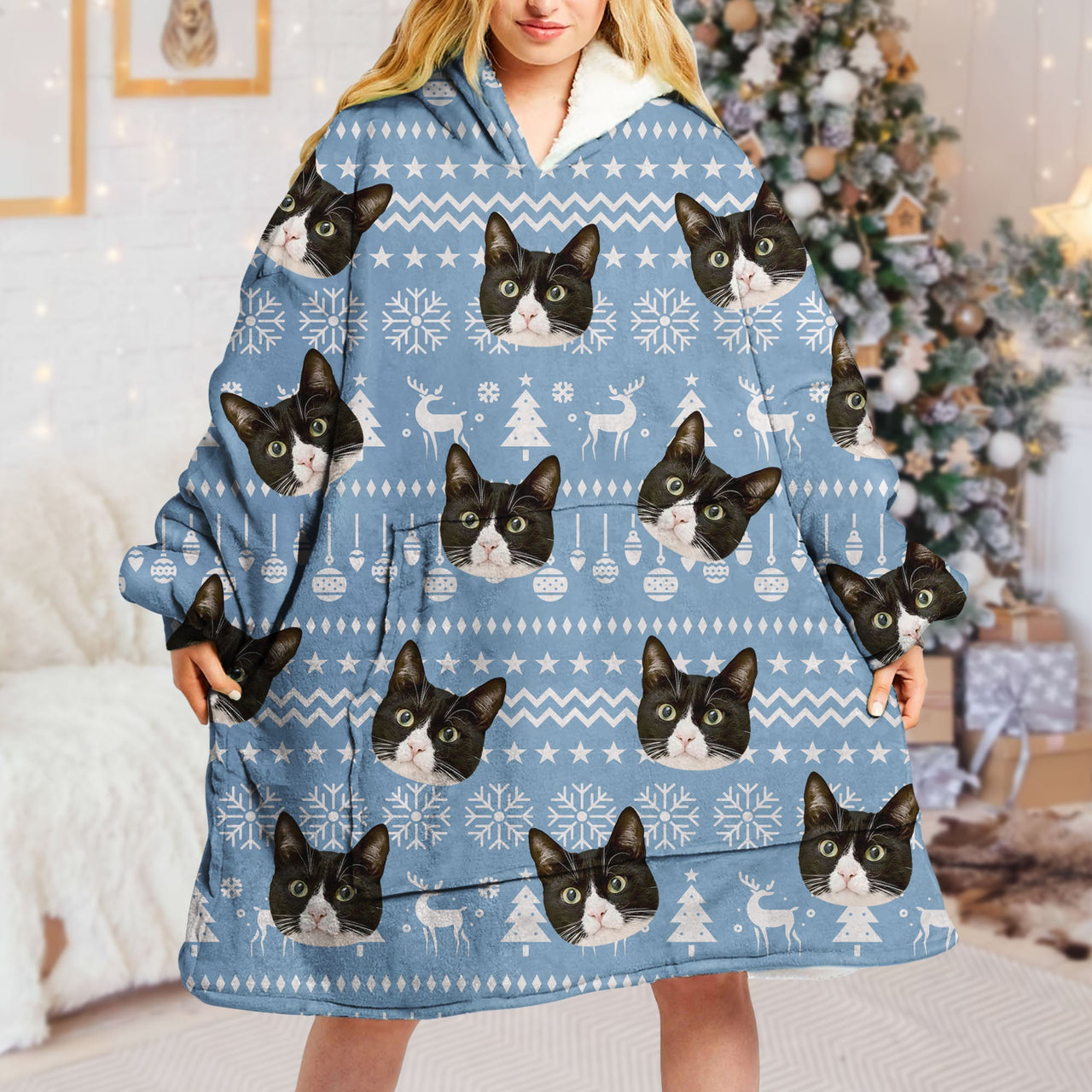 Personalized Blanket Hoodie - Christmas Gift For Pet Lovers - Holly Jolly Dog Cat Face Photo