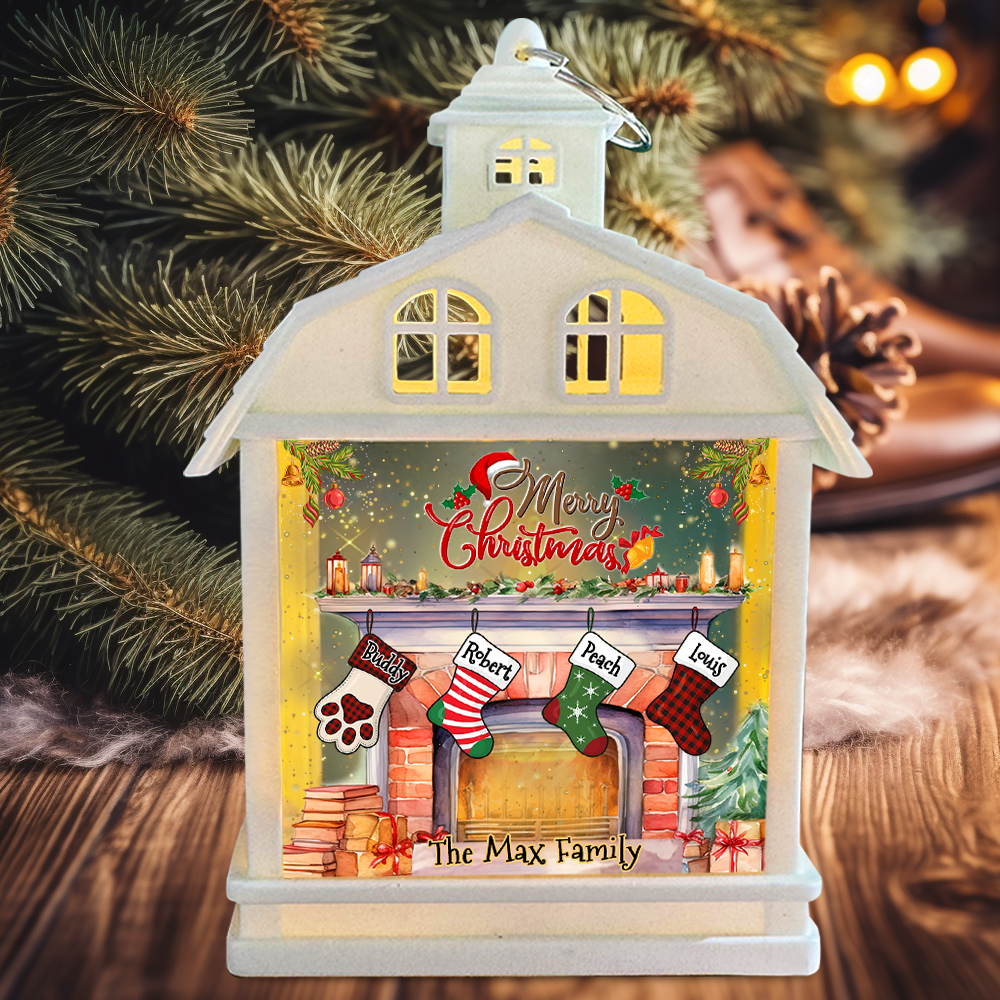 Personalized House Lantern - Christmas Gift For Family - Fireplace With Christmas Stockings