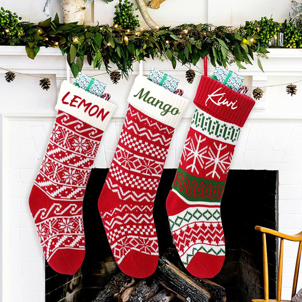 Personalized Embroidered Christmas Stocking V3- Christmas Gift For Family - Red And Green Wool Socks