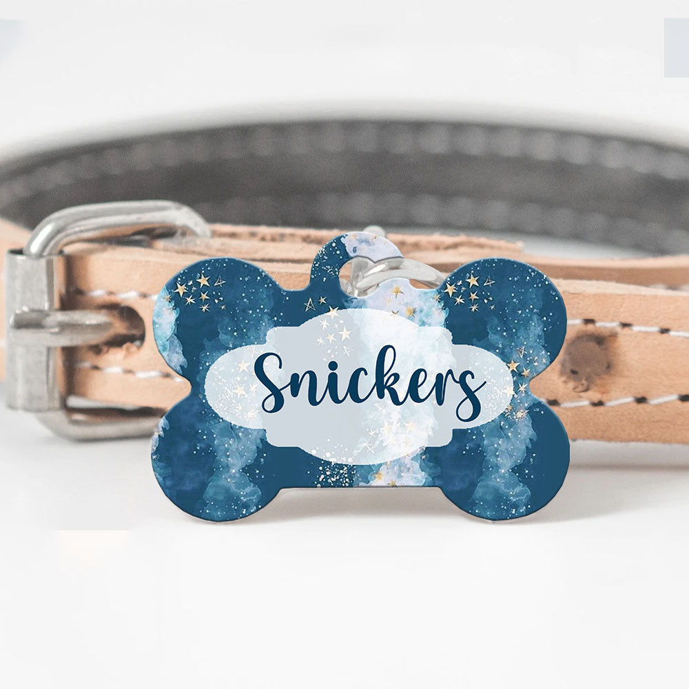 Blue Clouds & Stars With Gold Glitter Pet ID Tag, Dog Lover Gift