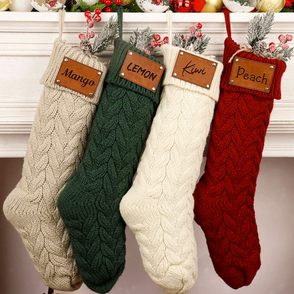 Personalized Leather Knitted Christmas Stockings V5- Christmas Gift For Family - Name Family Holiday Stockings