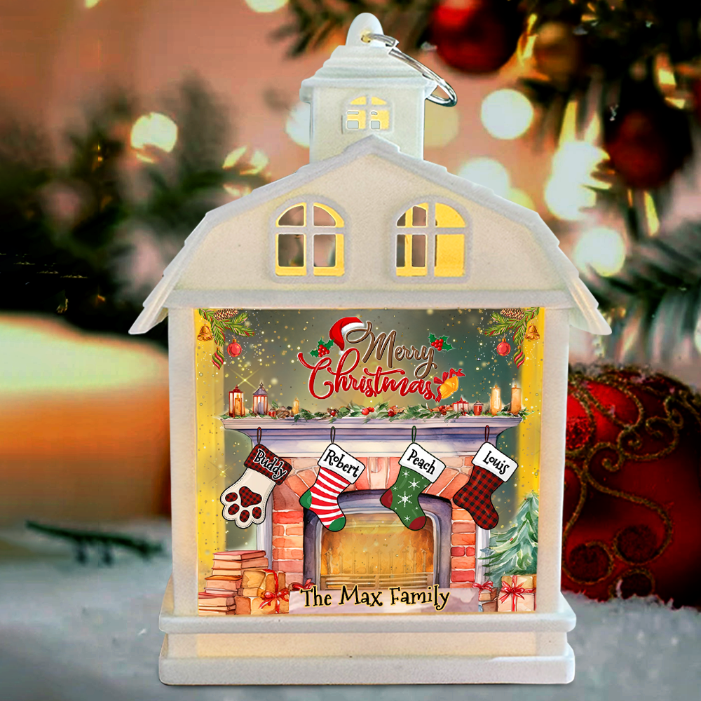 Personalized House Lantern - Christmas Gift For Family - Fireplace With Christmas Stockings