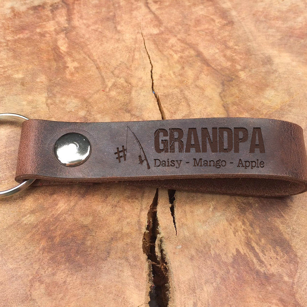 Personalized Best Ever Dad Fishing Leather Keychain, Gift For Dad Grandpa AZ