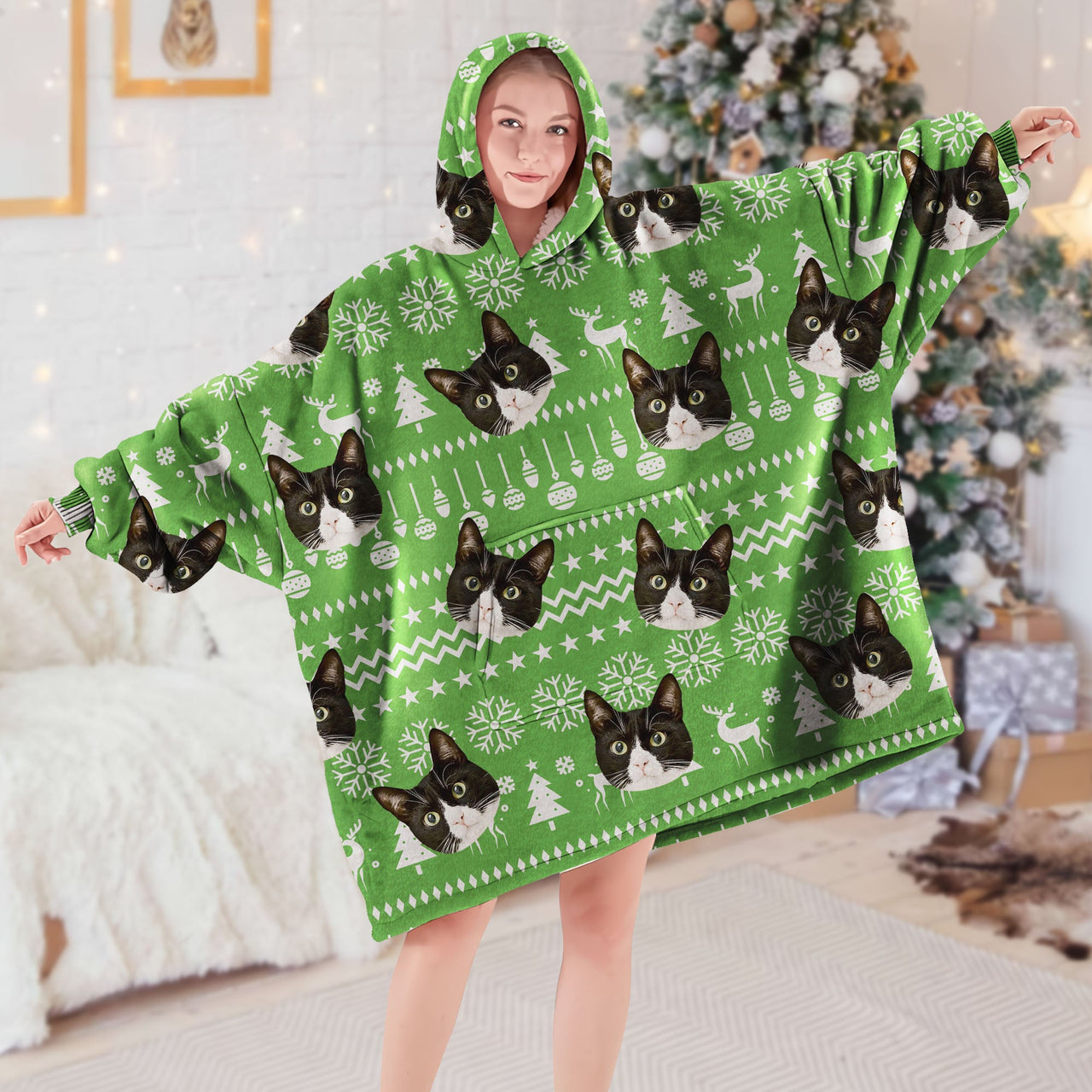 Personalized Blanket Hoodie - Christmas Gift For Pet Lovers - Holly Jolly Dog Cat Face Photo