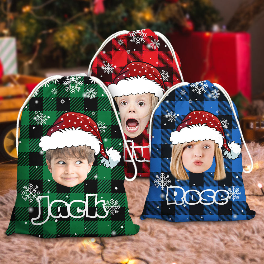 Personalized Santa Sack - Christmas Gift For Family - Plaid Pattern Face Photo