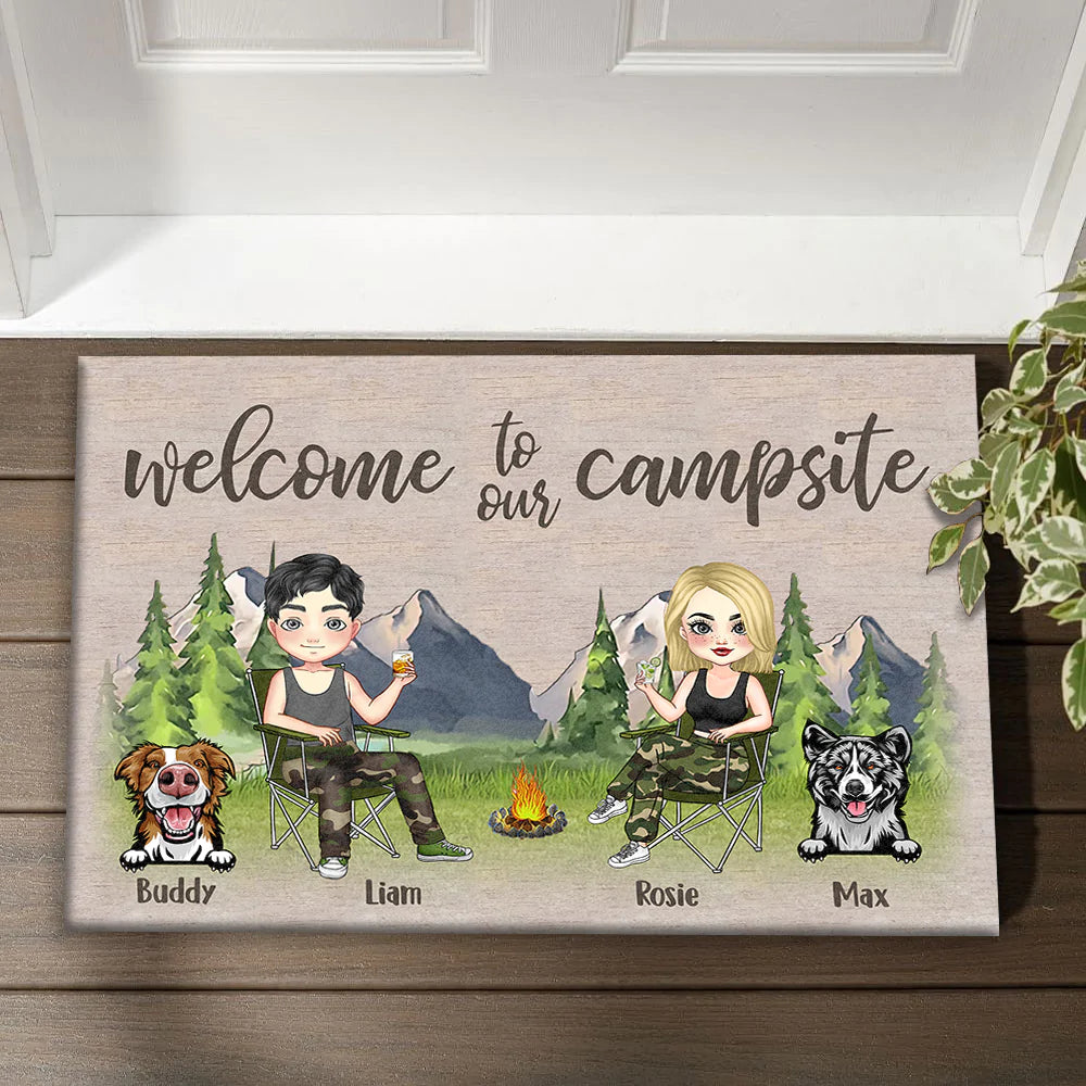 Personalized Happy Campers Husband Wife And Dogs House Doormat, Gift For Camping Couple