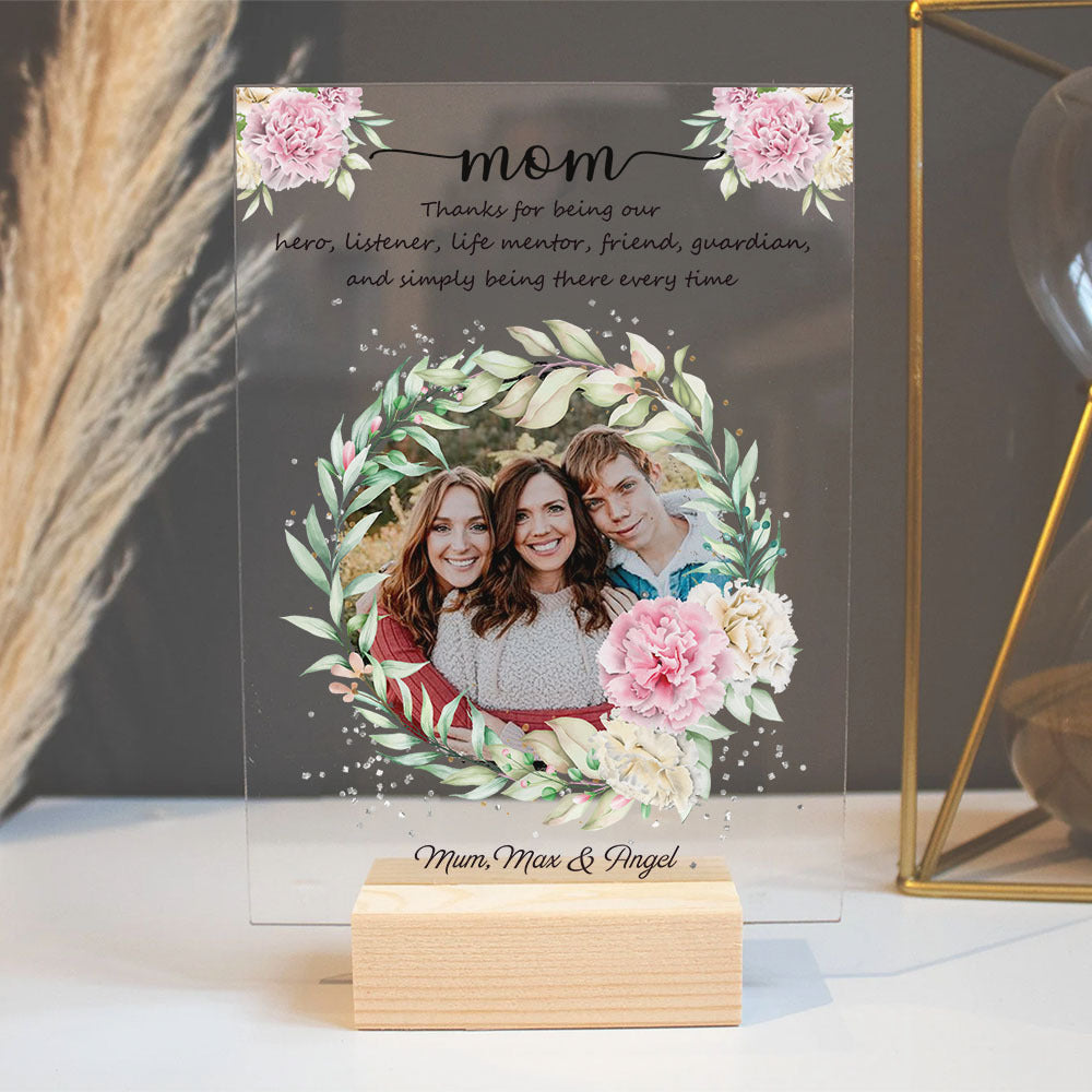 Mom Thanks For Being My Hero Acrylic Plaque With Wood Stand