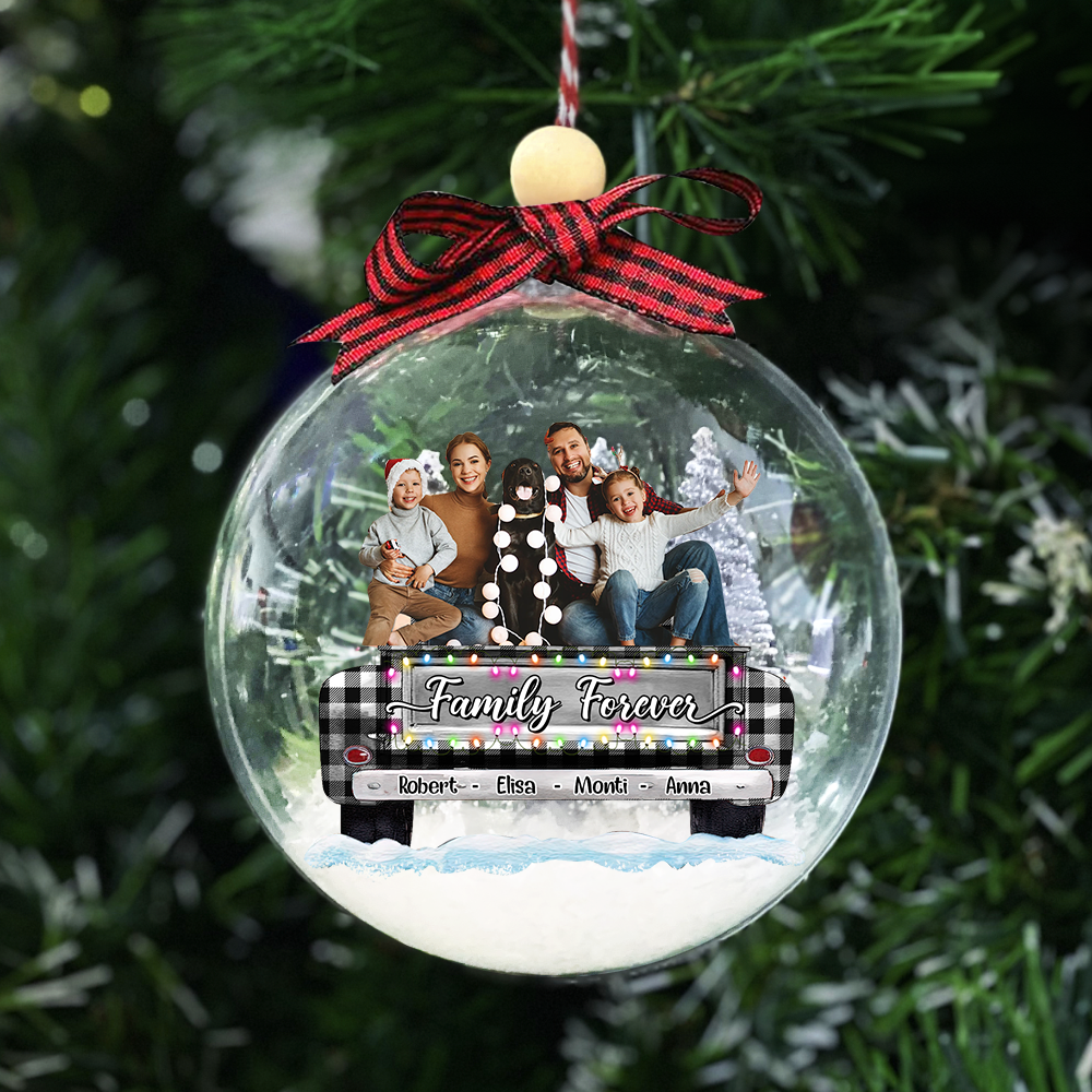 Personalized 3D Acrylic Ball Ornament - Christmas Gift For Pet Lovers - Family Forever Photo With Red Truck