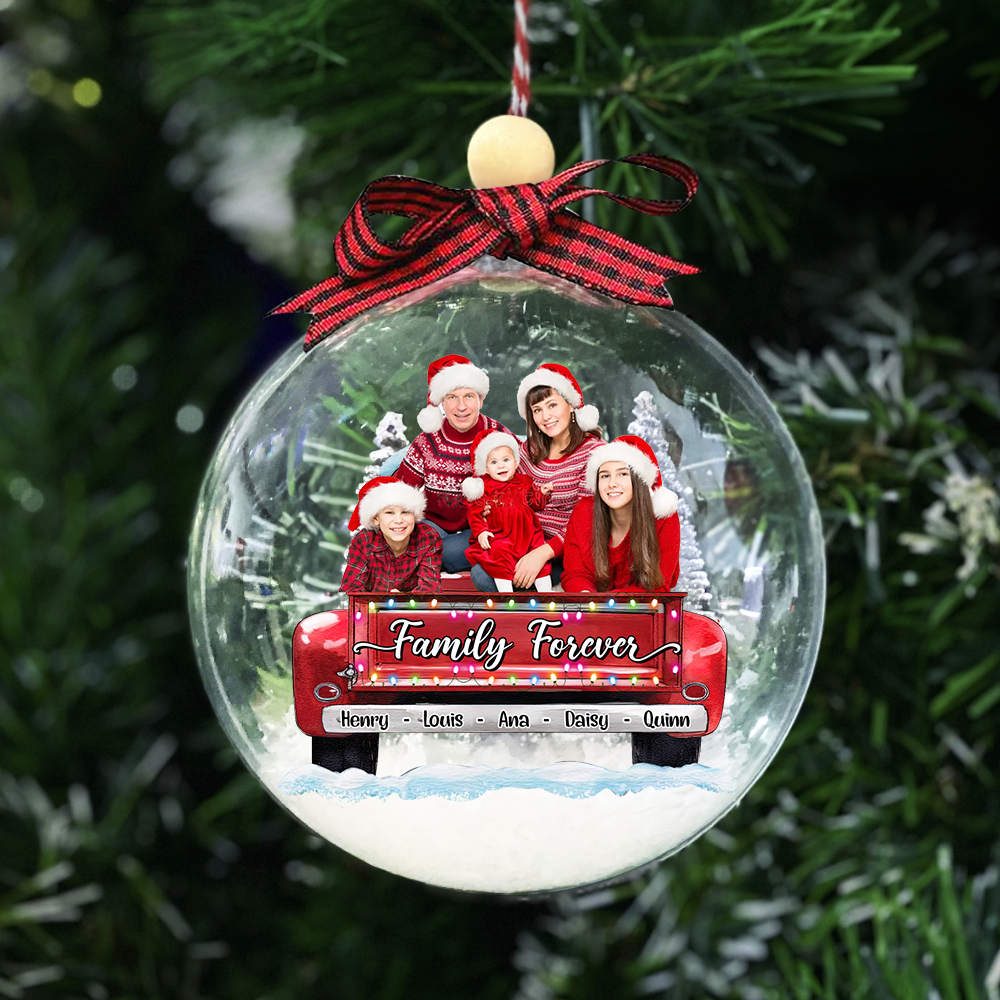 Personalized 3D Acrylic Ball Ornament - Christmas Gift For Pet Lovers - Family Forever Photo With Red Truck