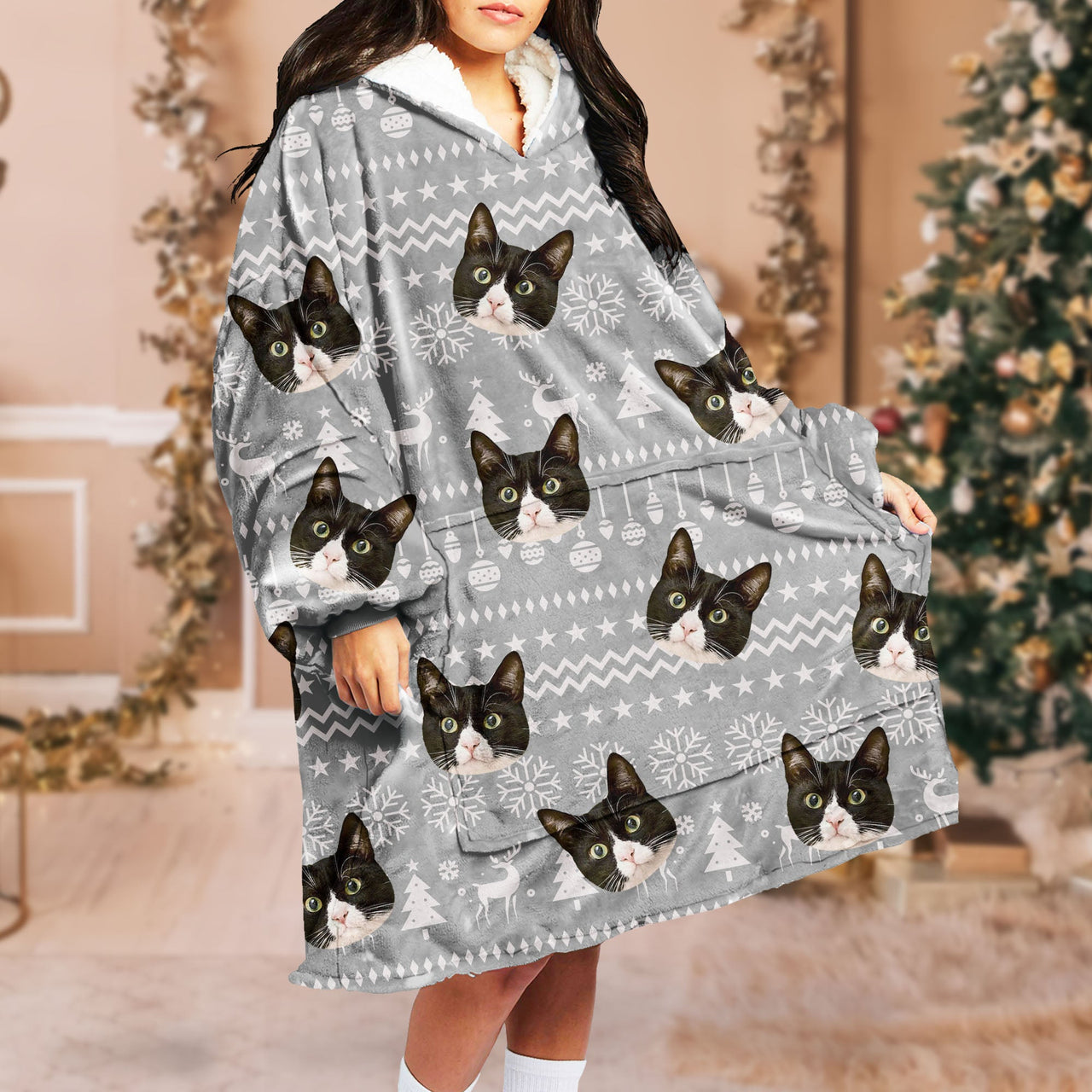 Personalized Blanket Hoodie - Christmas Gift For Pet Lovers - Holly Jolly Dog Cat Face Photo