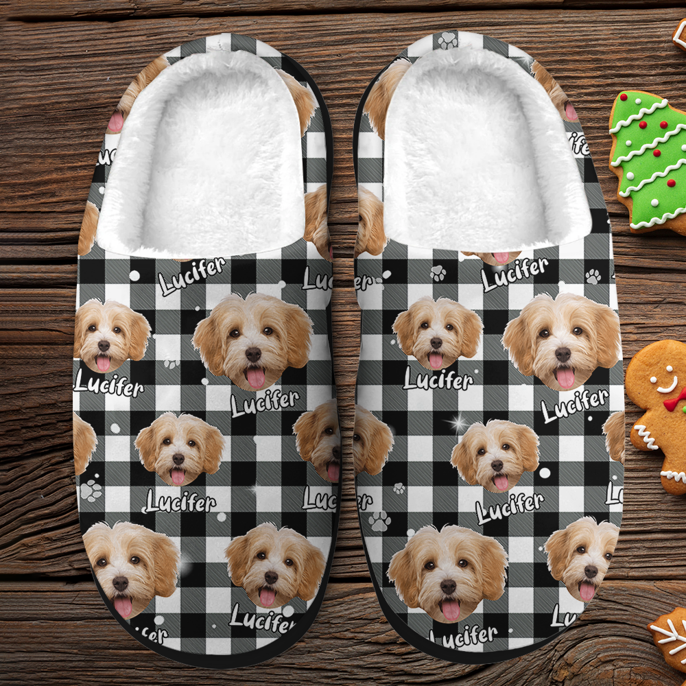 Personalized Slippers- Christmas Gift For Pet Lover - Pet Photo With Name Multicolor Buffalo Plaid