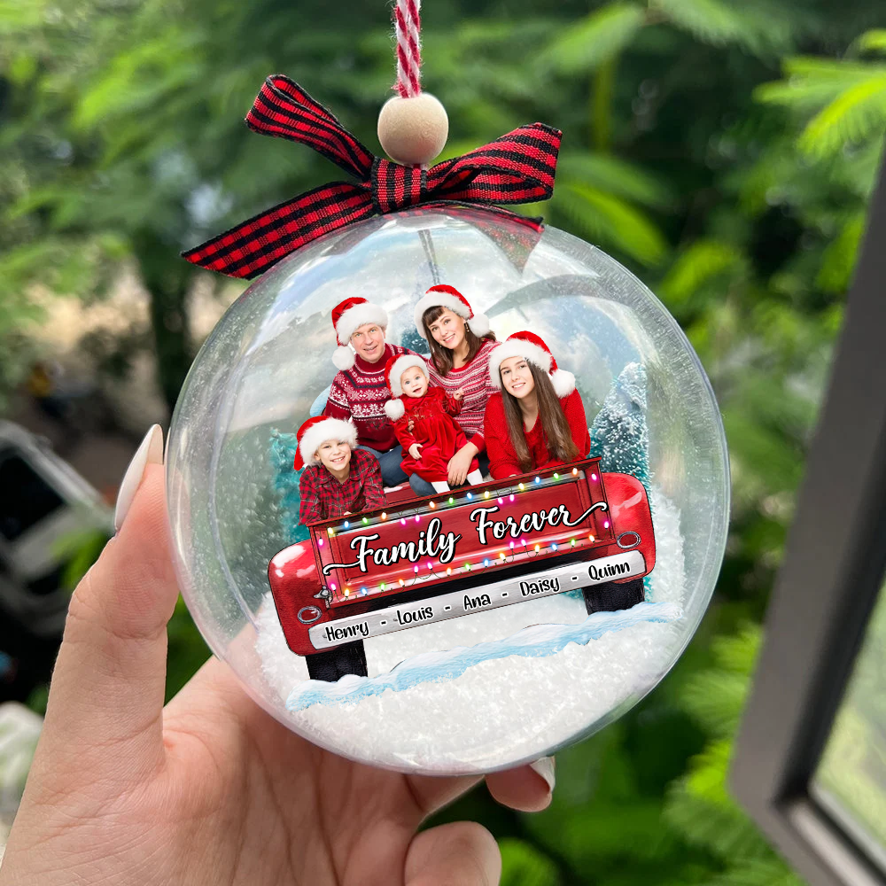 Personalized 3D Acrylic Ball Ornament - Christmas Gift For Pet Lovers - Family Forever Photo With Red Truck