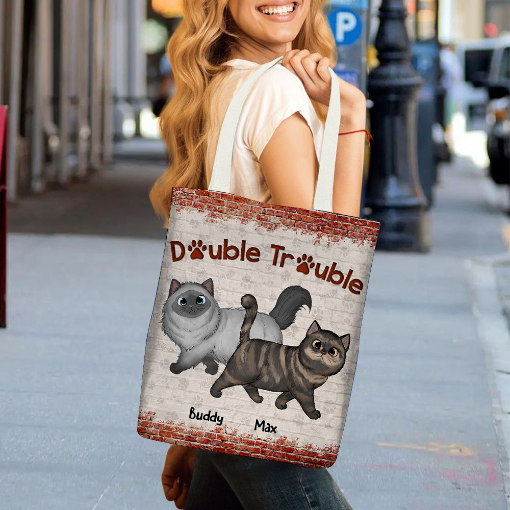 Personalized Double Trouble Cat Walking Tote Bag, Gift For Cat Lovers JonxiFon