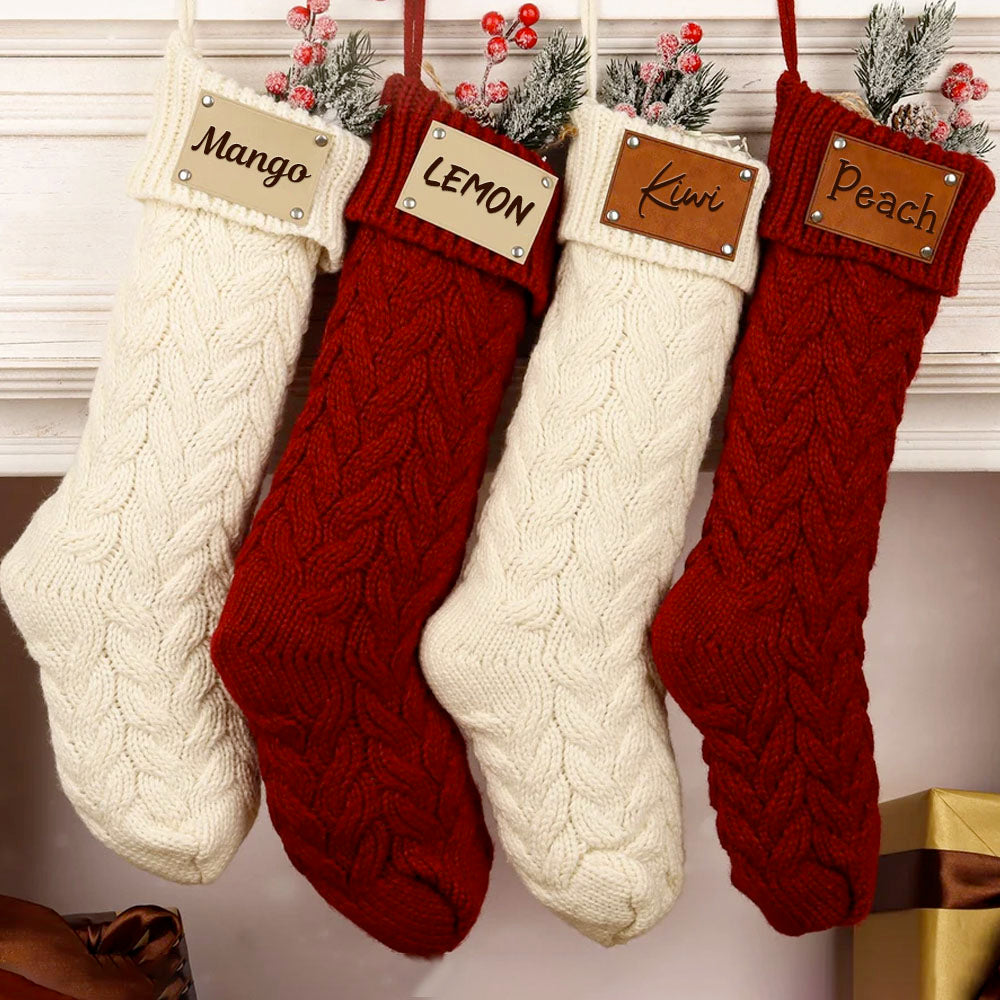 Personalized Leather Knitted Christmas Stockings V5- Christmas Gift For Family - Name Family Holiday Stockings