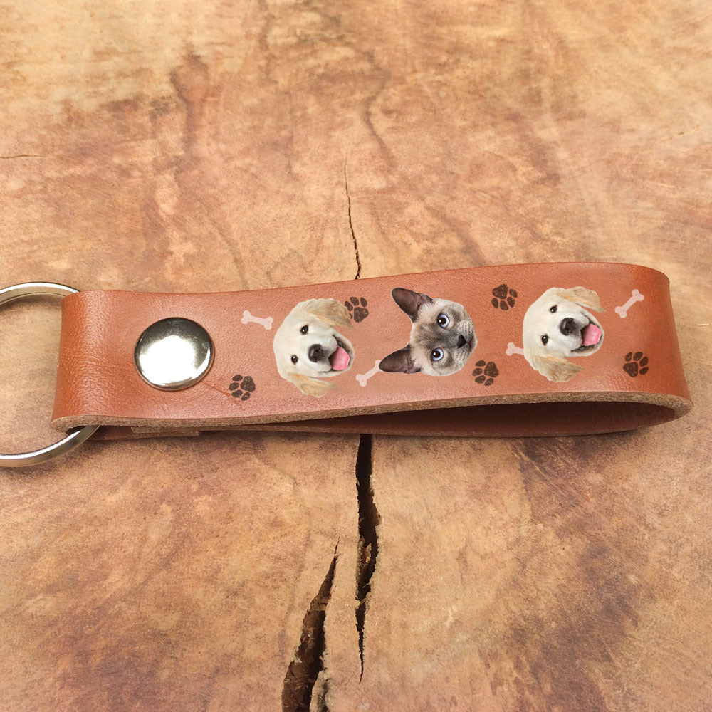 Custom Multiple Face Photo Dog Cat Leather Keychain, Pet Lover Gift