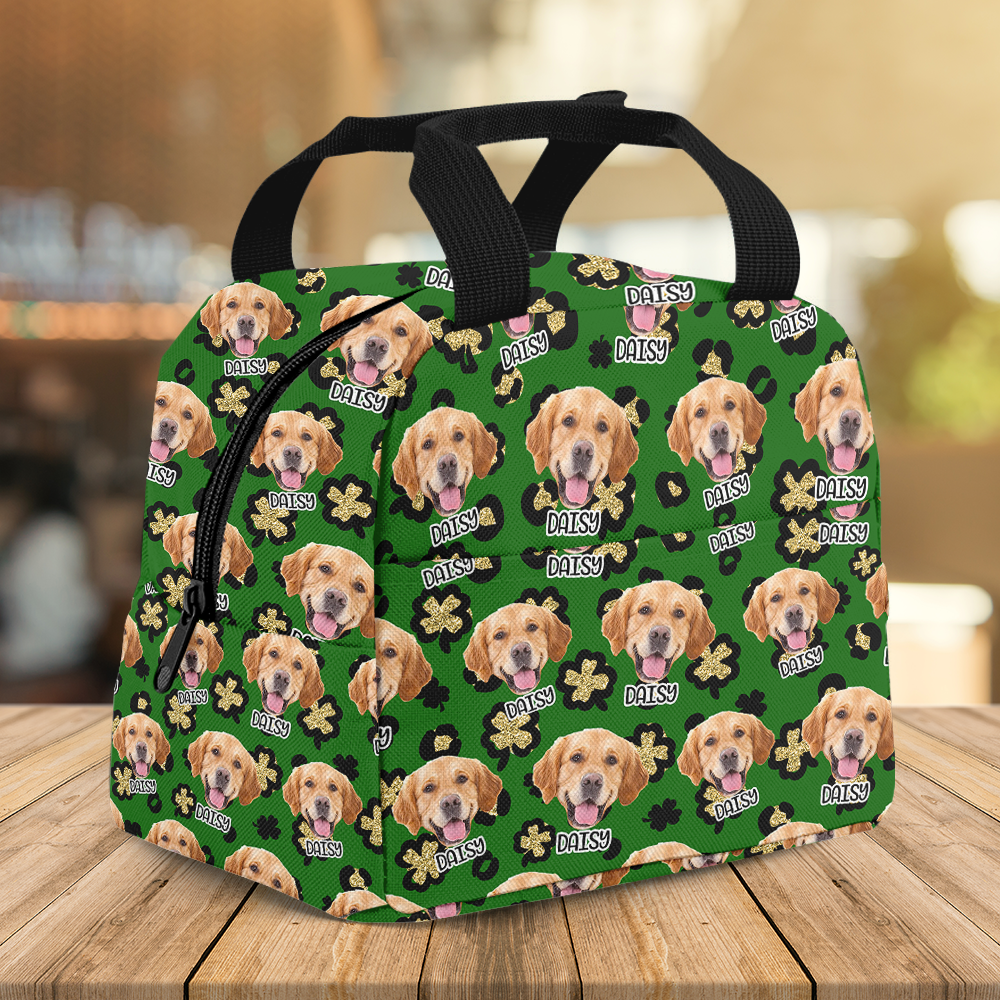 Personalized Irish Pattern Dog Cat Upload Face Lunch Bag, Gift For Patrick's Day