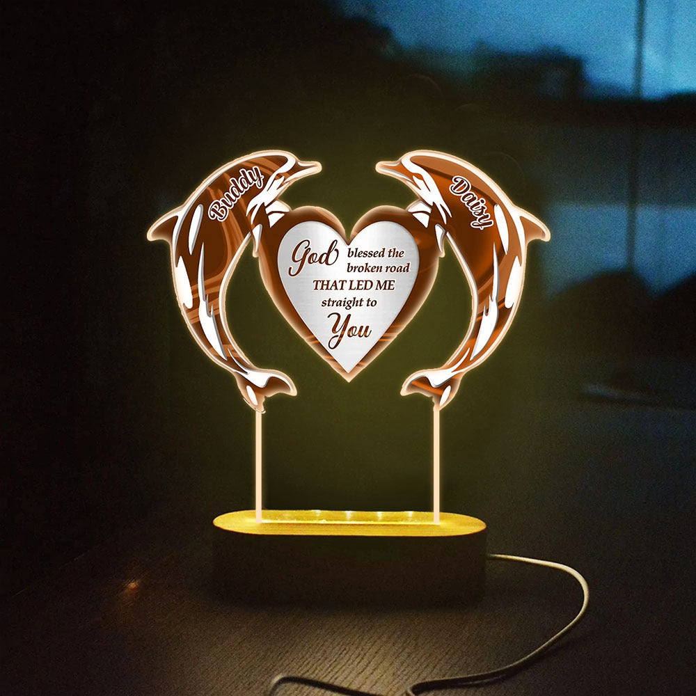 Personalized God Bless My Road To You Dolphin Lamp With Wooden Oval Stand, Love Gift For Couple YHN-YEN