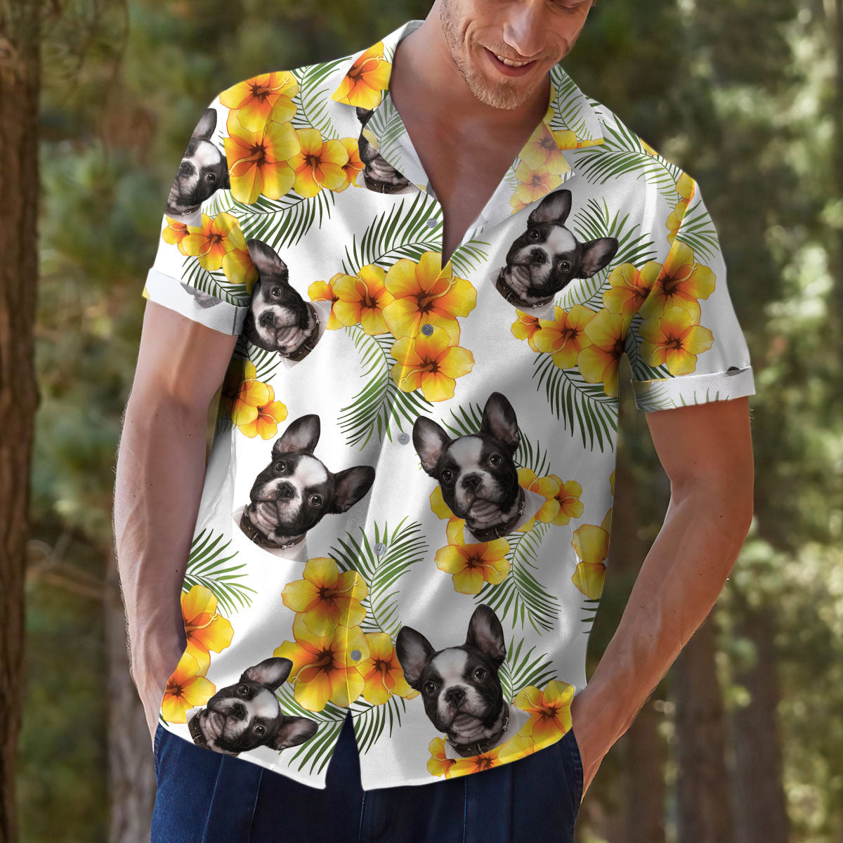 Custom Pet Face Photo White Hawaiian Shirt, Yellow Hibiscus