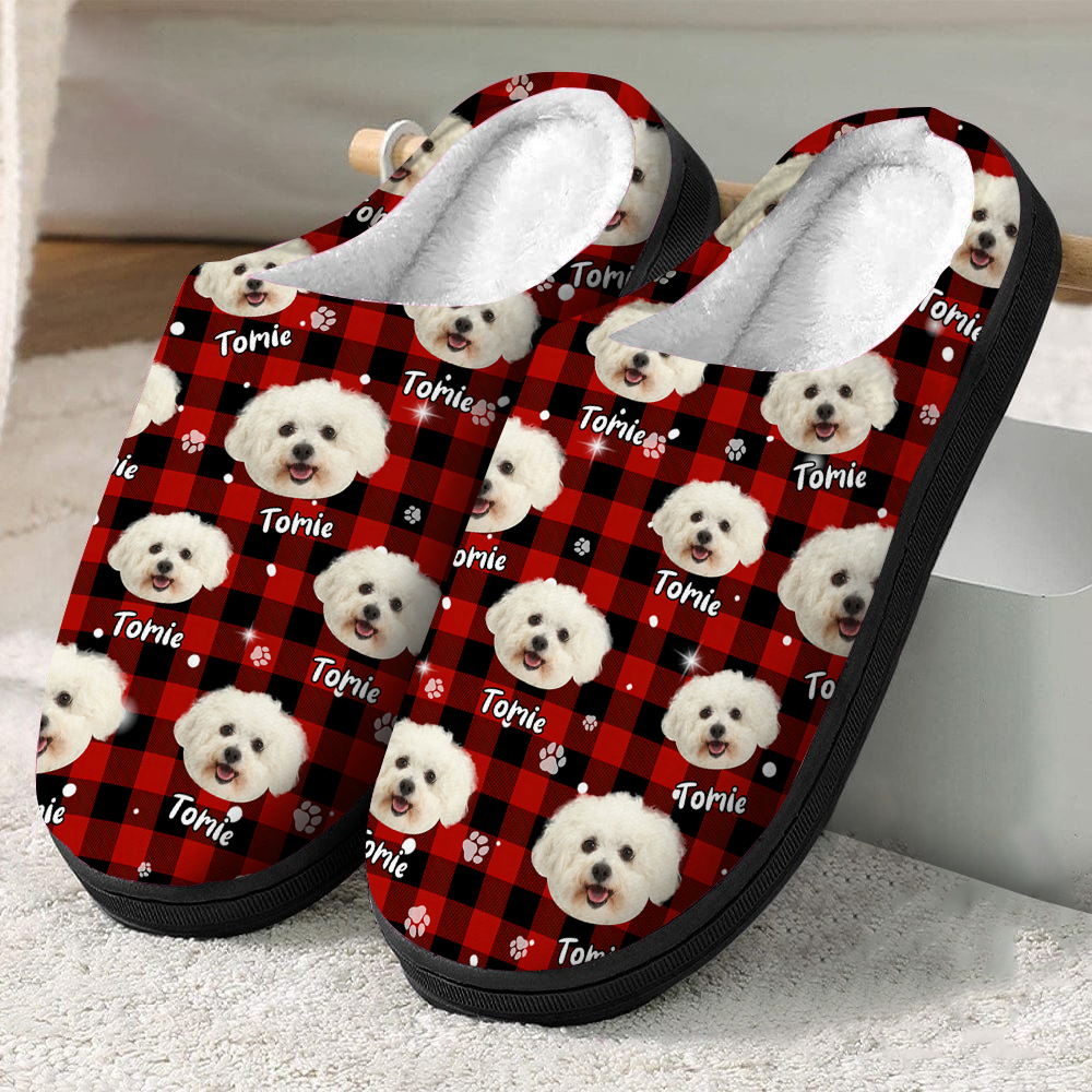 Personalized Slippers- Christmas Gift For Pet Lover - Pet Photo With Name Multicolor Buffalo Plaid