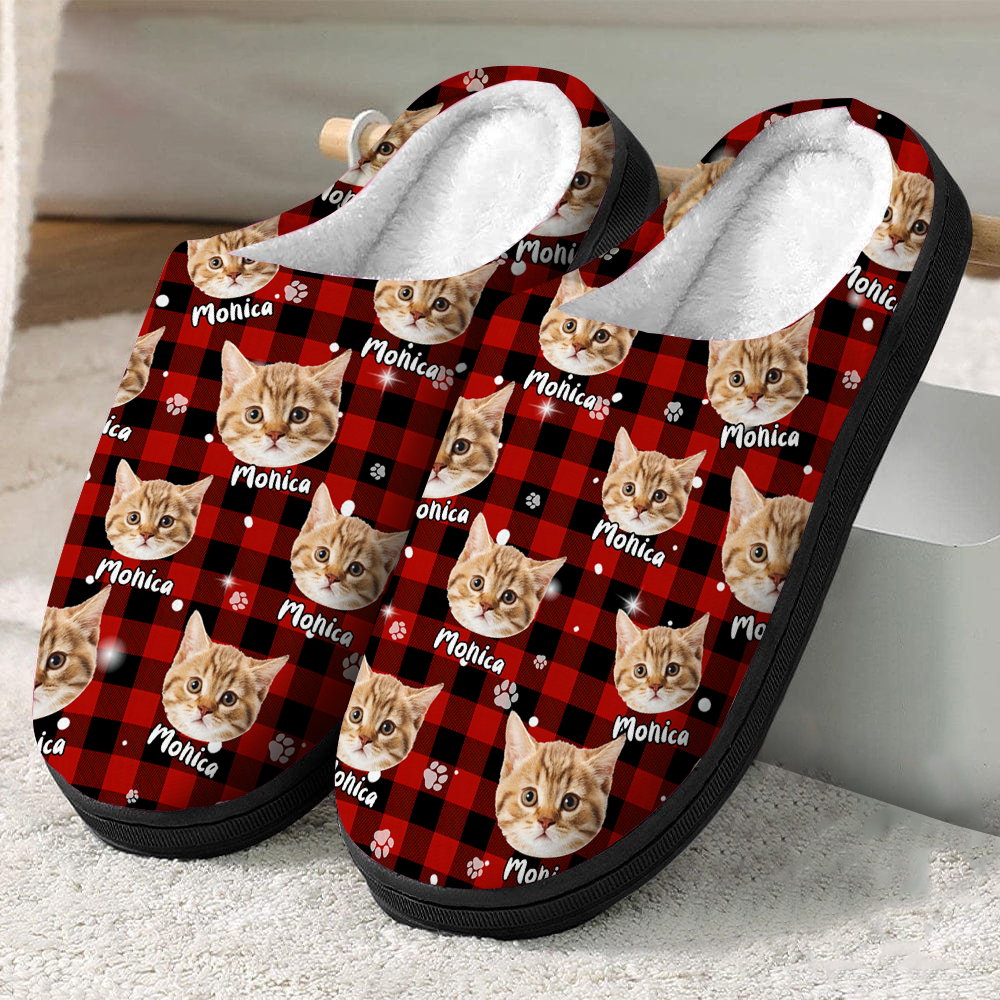 Personalized Slippers- Christmas Gift For Pet Lover - Pet Photo With Name Multicolor Buffalo Plaid