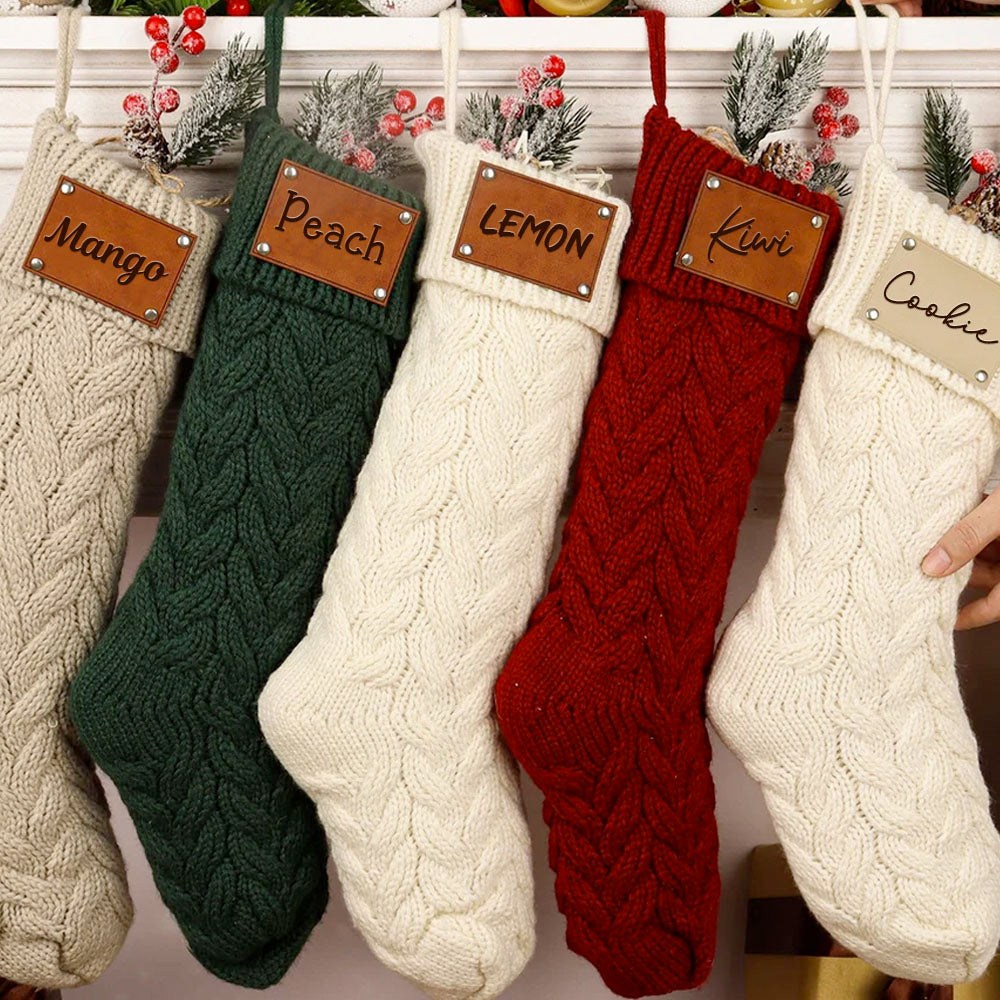 Personalized Leather Knitted Christmas Stockings V5- Christmas Gift For Family - Name Family Holiday Stockings