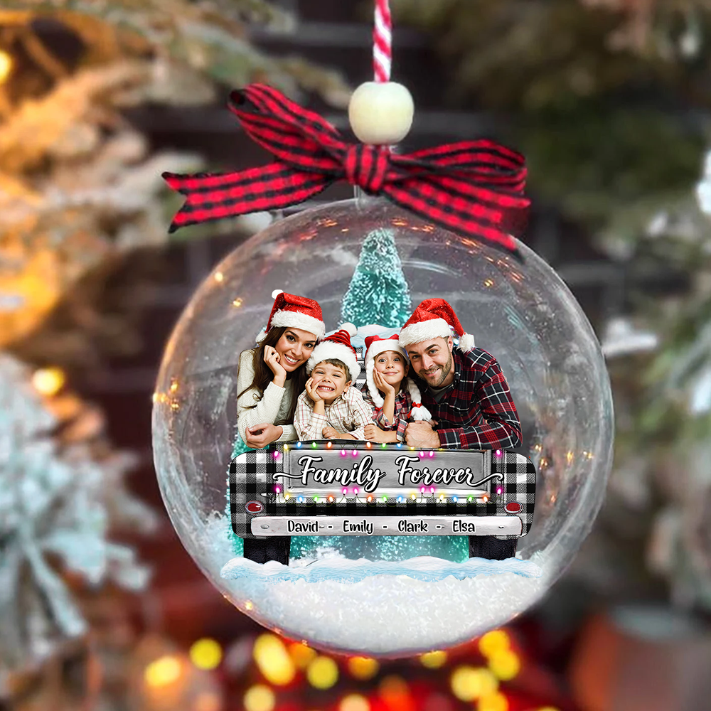 Personalized 3D Acrylic Ball Ornament - Christmas Gift For Pet Lovers - Family Forever Photo With Red Truck