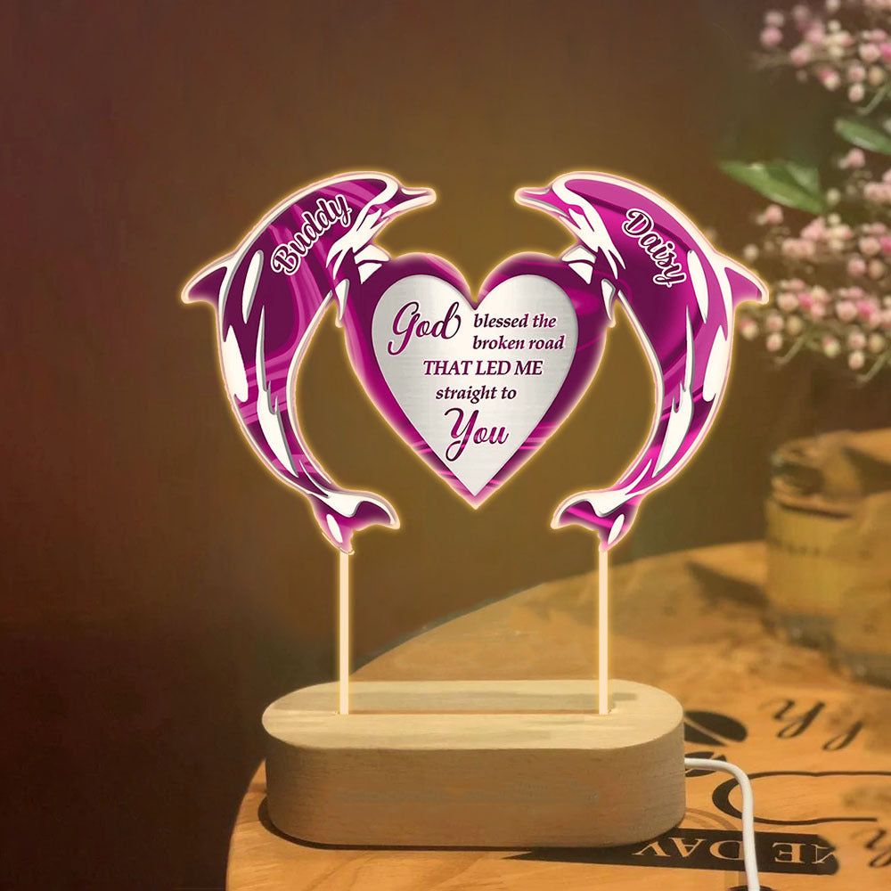 Personalized God Bless My Road To You Dolphin Lamp With Wooden Oval Stand, Love Gift For Couple YHN-YEN