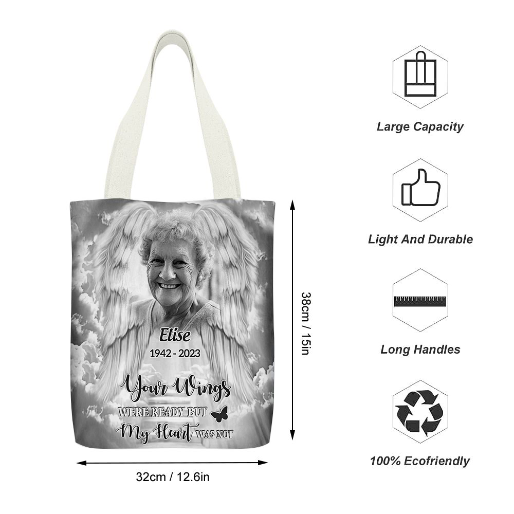 Personalized Memorial Upload Photo Wings, A Big Piece Of My Heart Lives In Heaven Custom Tote Bag JonxiFon