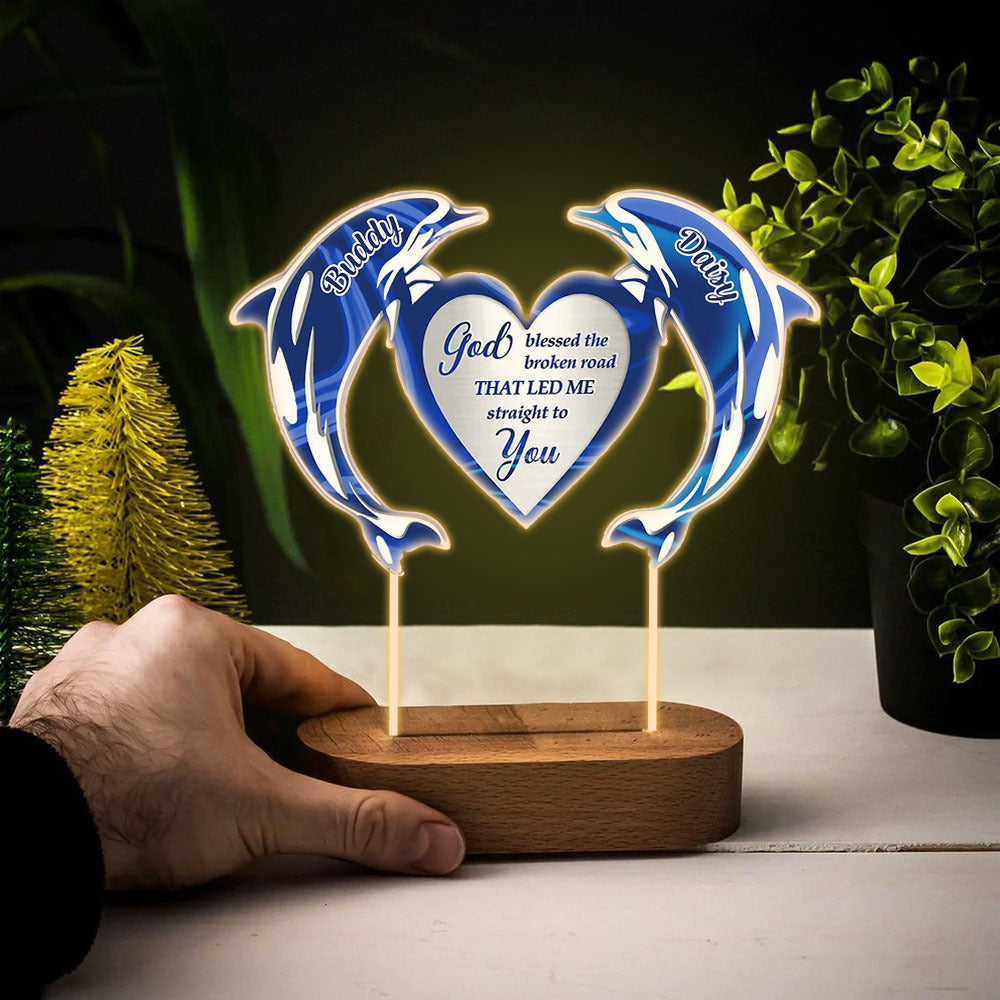 Personalized God Bless My Road To You Dolphin Lamp With Wooden Oval Stand, Love Gift For Couple YHN-YEN