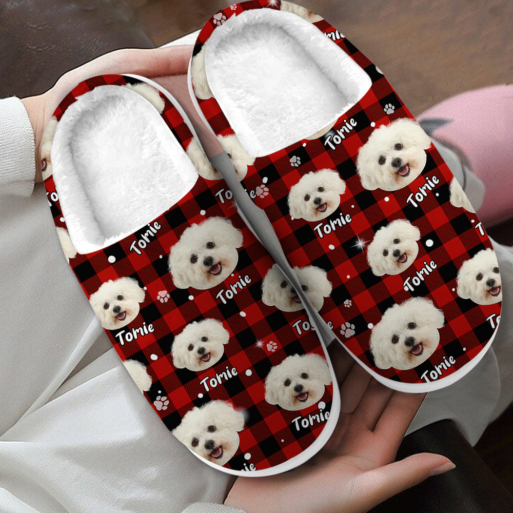 Personalized Slippers- Christmas Gift For Pet Lover - Pet Photo With Name Multicolor Buffalo Plaid