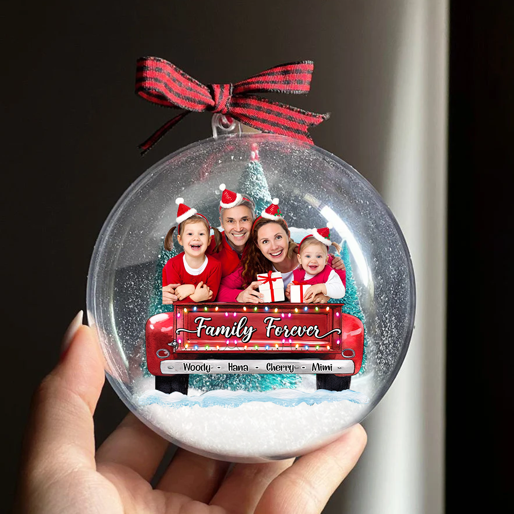 Personalized 3D Acrylic Ball Ornament - Christmas Gift For Pet Lovers - Family Forever Photo With Red Truck