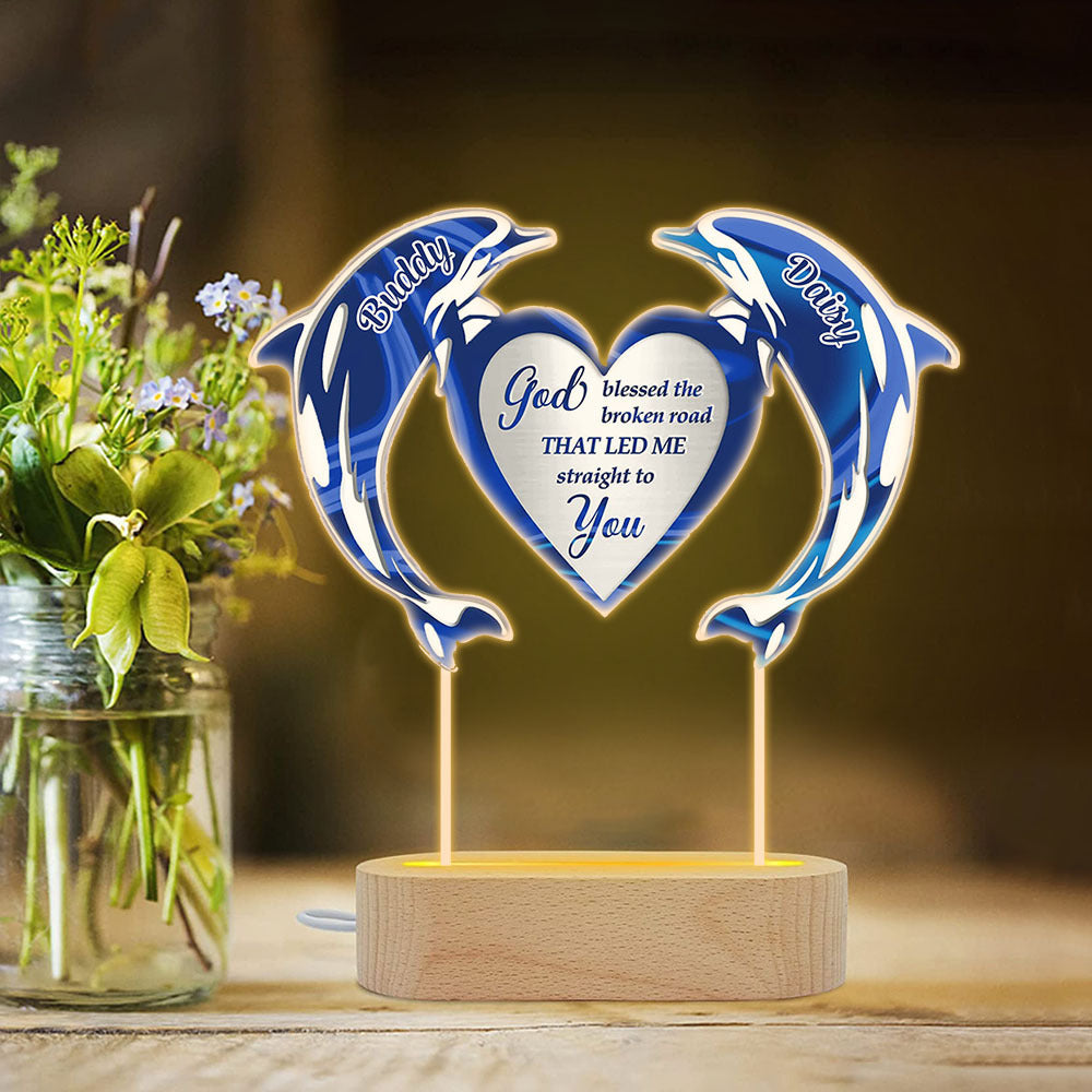 Personalized God Bless My Road To You Dolphin Lamp With Wooden Oval Stand, Love Gift For Couple YHN-YEN