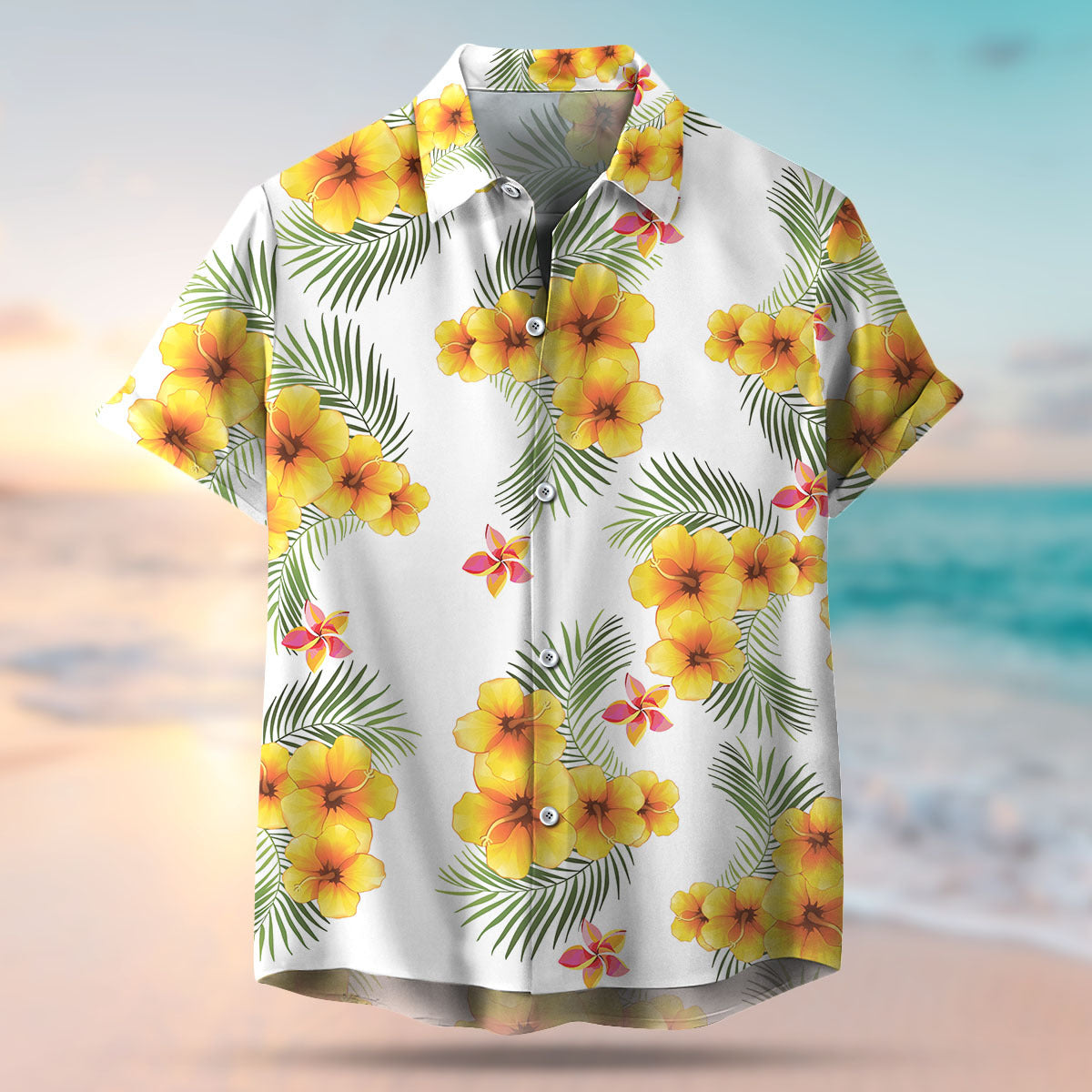 Custom Pet Face Photo White Hawaiian Shirt, Yellow Hibiscus