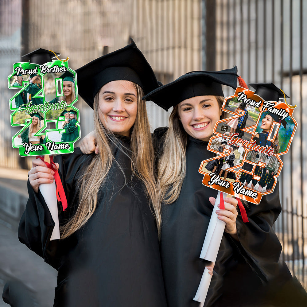 Custom Proud Family Of A Graduate 2023 Photo Graduation Face Fans With Wooden Handle, Gift For Graduation Party